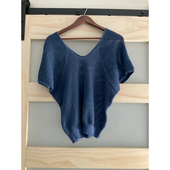 Express Metallic Blue Semi Sheer Knit Sweater Women’s Small Short Sleeve - Picture 1 of 6